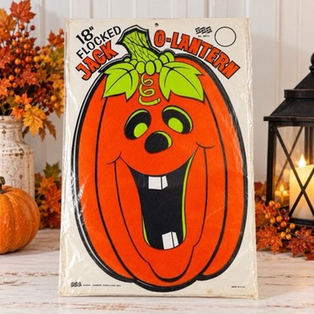 Vintage Eureka Cutout Pumpkin Jack o Lantern Flocked Decoration 14"